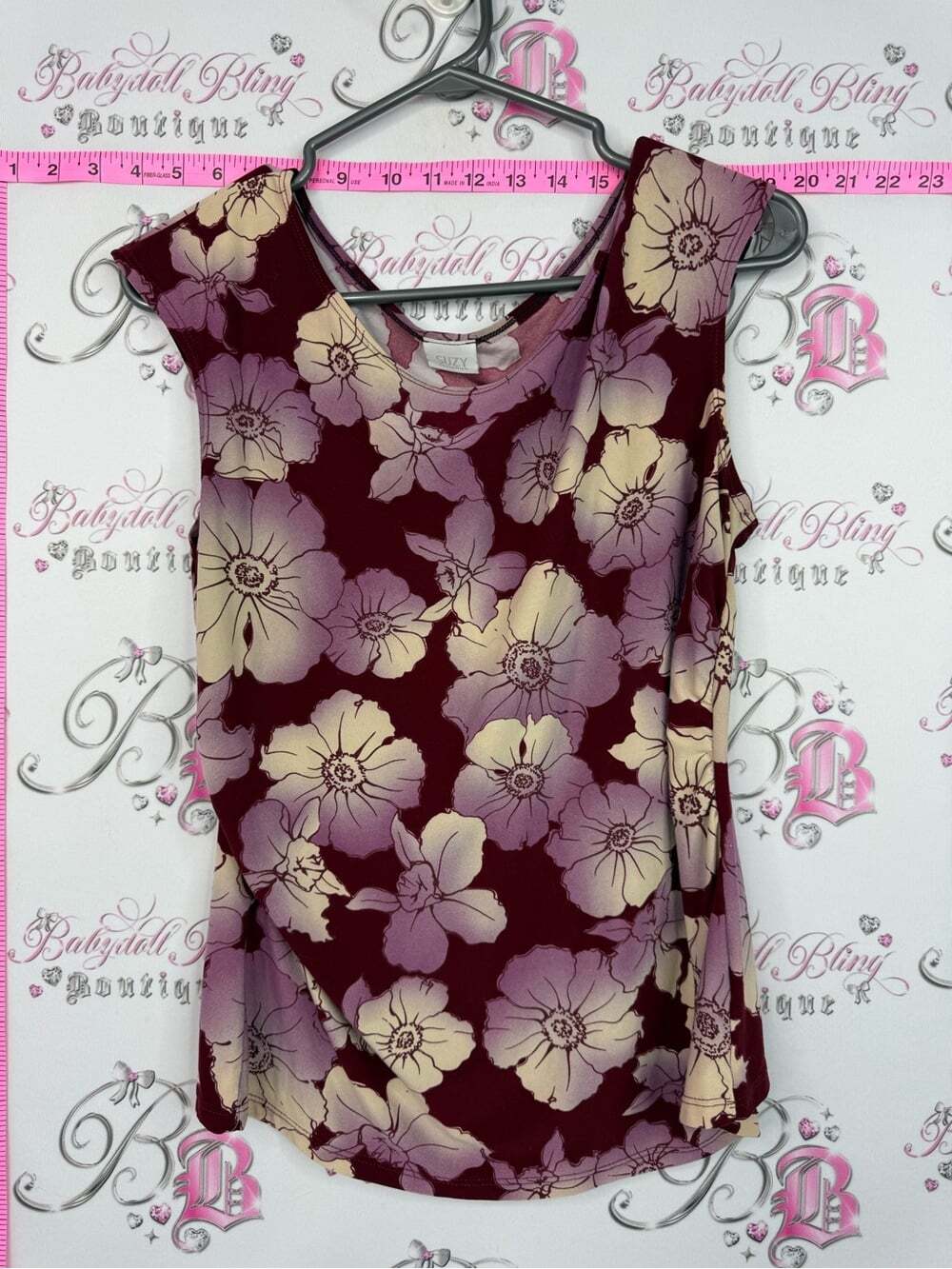 Suzy Shier Burgundy Floral Tank Top with Purple and Cream Blooms